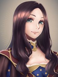 Rule 34 | 1girl, blue eyes, brown background, brown hair, commentary request, detached collar, fate/grand order, fate (series), glowing, leonardo da vinci (fate), long hair, looking at viewer, ohagi (ymnky), parted bangs, smile, solo, wavy hair