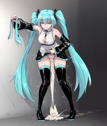 Rule 34 | 1girl, absurdres, aftersex, aqua eyes, aqua hair, boots, breasts, cleavage, clothing aside, collared shirt, cum, cum in pussy, cum overflow, cumdrip, detached sleeves, excessive cum, full body, grin, hair between eyes, hand on own stomach, hatsune miku, high heel boots, high heels, highres, holding necktie, hopping cop, large breasts, long hair, medium breasts, necktie, panties, panties aside, partially unbuttoned, pleated skirt, pussy, shirt, skindentation, skirt, sleeveless, sleeveless shirt, smile, solo, striped clothes, striped panties, sweatdrop, thigh boots, twintails, twitching, underwear, unworn necktie, very long hair, vocaloid