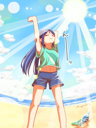Rule 34 | 1girl, artist name, artist request, bare legs, beach, blue hair, blue pants, blue shorts, blue sky, blush, bottle, breasts, cloud, day, feet out of frame, female focus, green shirt, hair between eyes, high ponytail, highres, long hair, looking at viewer, love live!, love live! sunshine!!, matsuura kanan, ocean, outdoors, outstretched arms, pants, parted lips, ponytail, shirt, short pants, short sleeves, shorts, sky, small breasts, smile, solo, standing, sun, sunlight