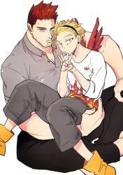 Rule 34 | 2boys, bara, beard, black pants, blue eyes, boku no hero academia, casual, collared shirt, crossed legs, double v, endeavor (boku no hero academia), facial hair, feathered wings, flame print, from above, grey shirt, hairband, hawks (boku no hero academia), looking at viewer, male focus, mature male, mini wings, multiple boys, muscular, muscular male, pants, partially unbuttoned, pectorals, red hair, scar, scar across eye, scar on face, shaku po, shirt, short hair, sideburns, sitting, sitting on lap, sitting on person, spiked hair, stubble, v, wings, yaoi