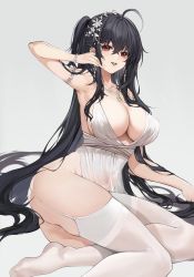 Rule 34 | 1girl, azur lane, black hair, blush, bracelet, breasts, cleavage, collarbone, covered navel, dress, earrings, flower, garter straps, hair flower, hair ornament, hairclip, hand in own hair, highres, jewelry, large breasts, long hair, looking at viewer, muki (muki kunxd), necklace, no shoes, official alternate costume, on floor, open mouth, red eyes, simple background, solo, taihou (azur lane), taihou (temptation on the sea breeze) (azur lane), thighhighs, thighs, white dress, white thighhighs