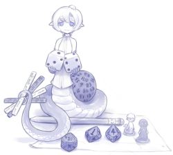 Rule 34 | 1girl, :3, bare shoulders, blue theme, dice, figure, full body, holding, holding with tail, idon, lamia, looking at viewer, mini person, minigirl, monochrome, monster girl, original, pointy ears, prehensile tail, short hair, simple background, sleeveless, smile, solo, tail, white background