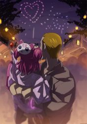 Rule 34 | 00s, 1boy, 1girl, aerial fireworks, blonde hair, bunbee, bunbee (yes! precure 5), carrying, fireworks, floral print, from behind, hair ornament, height difference, japanese clothes, kimono, maeashi, mask, pink hair, pink kimono, precure, print kimono, ribbon, short hair, twintails, two side up, yes! precure 5, aged down, yukata, yumehara nozomi