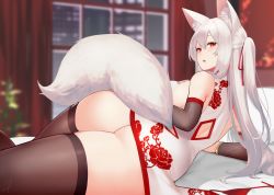 Rule 34 | 1girl, animal ear fluff, animal ears, ass, bare shoulders, blurry, blurry background, blush, borrowed character, breasts, brown thighhighs, china dress, chinese clothes, commission, commissioner upload, detached sleeves, dress, fox ears, fox girl, fox tail, from behind, hair between eyes, hair ribbon, hayabusa (vert 320), highres, indoors, large breasts, long hair, looking at viewer, looking back, lying, night, on side, open mouth, original, red ribbon, ribbon, sleeveless, sleeveless dress, solo, tail, thighhighs, thighs, white dress, white hair, window