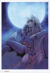 Rule 34 | 1girl, absurdres, animal ears, breasts, crossed legs, drinking, full moon, hair between eyes, highres, holo, koume keito, long hair, long sleeves, looking at viewer, moon, night, official art, outdoors, page number, pants, purple shirt, red eyes, scan, shirt, sitting, small breasts, solo, spice and wolf, tail, tongue, tongue out, wolf ears, wolf tail