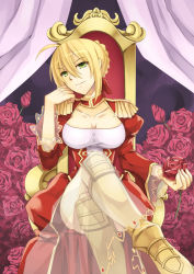 Rule 34 | 10s, 1girl, ahoge, blonde hair, boots, breasts, cleavage, cleavage cutout, clothing cutout, epaulettes, fate/extra, fate (series), flower, green eyes, hair ribbon, hoshiyoruno, legs, crossed legs, light smile, nero claudius (fate), nero claudius (fate) (all), nero claudius (fate/extra), ribbon, rose, see-through, sitting, throne