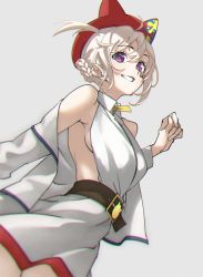 Rule 34 | 1girl, ahoge, aogiri koukou, bandaid, bandaid on face, bare shoulders, braid, breasts, commentary, dress, grey background, grin, hat, hat with ears, highres, long sleeves, looking at viewer, medium breasts, one side up, ooshiro mashiro, parted lips, purple eyes, red hat, short hair, sideboob, simple background, smile, solo, tanabe (fueisei), virtual youtuber, white dress, white hair, zipper pull tab
