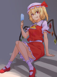Rule 34 | 1girl, ascot, blonde hair, breasts, closed mouth, crystal, flandre scarlet, frilled ascot, frilled skirt, frills, grey background, hair between eyes, hat, hat ribbon, highres, kakone, looking at viewer, medium hair, mob cap, red eyes, red footwear, red ribbon, red skirt, red vest, ribbon, shirt, short sleeves, side ponytail, simple background, sitting, sitting on stairs, skirt, small breasts, smile, socks, solo, stairs, tongue, tongue out, touhou, vest, white hat, white shirt, white socks, wings, yellow ascot