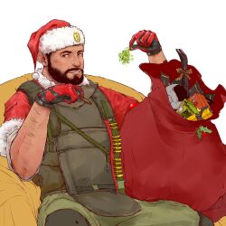 Rule 34 | 1boy, arm hair, bara, beard, blush, bulletproof vest, character request, couch, dark-skinned male, dark skin, facial hair, feet out of frame, gift bag, gloves, hat, highres, looking at viewer, male focus, mature male, on couch, rainbow six siege, red gloves, santa hat, saury dog, short hair, sitting, smile, solo