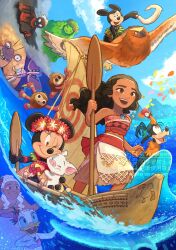 bare_shoulders bird black_hair brown_eyes brown_hair character_request chicken company_connection curly_hair daisy_duck dark-skinned_female dark_skin disney donald_duck flower goofy hair_flower hair_ornament heihei_(moana) highres jewelry long_hair looking_at_viewer maui_(moana) mickey_mouse minnie_mouse moana_(movie) moana_waialiki necklace pig smile strapless takatmaorange te_fiti water