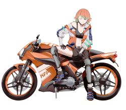 Rule 34 | 1girl, breasts, cleavage, earrings, feather earrings, feathers, gradient hair, green hair, highres, hololive, hololive english, jacket, jewelry, knee guards, kuroi enpitsu, midriff, motor vehicle, motorcycle, multicolored hair, one eye closed, orange hair, purple eyes, shin guards, shorts, simple background, solo, sports bra, takanashi kiara, virtual youtuber, white background