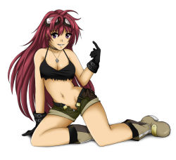 Rule 34 | 00s, 1girl, arnage of huckebein, belt, breasts, cleavage, crop top, gloves, goggles, goggles on head, grin, jewelry, lyrical nanoha, mahou senki lyrical nanoha force, mahou shoujo lyrical nanoha, medium breasts, midriff, navel, necklace, no panties, open fly, red hair, s2x, short shorts, shorts, smile, solo, torn clothes, unzipped
