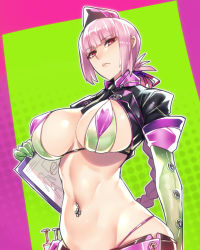 Rule 34 | 1girl, ban! (bansankan), bikini, braid, breasts, breasts apart, clipboard, closed mouth, commentary request, covered erect nipples, elbow gloves, fate/grand order, fate (series), florence nightingale (fate), florence nightingale (trick or treatment) (fate), gloves, green gloves, hat, highres, large breasts, lips, long hair, looking at viewer, multicolored bikini, multicolored clothes, navel, navel piercing, nurse cap, official alternate costume, piercing, pink hair, red eyes, revealing clothes, shiny skin, short sleeves, shrug (clothing), skindentation, skirt, solo, standing, swimsuit, syringe