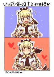 Rule 34 | +++, 10s, 1girl, 2koma, ^ ^, afterimage, animal ears, animal print, black eyes, blonde hair, blush, breast pocket, brown hair, chabo-kun, closed eyes, closed mouth, comic, commentary request, eating, food, giraffe ears, giraffe horns, giraffe print, hands up, happy, heart, holding, holding food, horns, kemono friends, layered sleeves, long hair, long sleeves, motion lines, multicolored hair, multiple girls, open mouth, pocket, ponytail, print neckwear, reticulated giraffe (kemono friends), roasted sweet potato, scarf, shirt, short over long sleeves, short sleeves, smile, solo, steam, sweet potato, tail, tail wagging, teeth, translation request, twitter username, upper body, upper teeth only, white hair, white shirt
