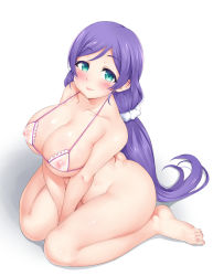 Rule 34 | 10s, 1girl, ass, barefoot, bikini, bikini top only, blush, bottomless, breast hold, breasts, cleavage, covered erect nipples, female focus, full body, green eyes, highres, katsura harufumi, large breasts, legs, long hair, looking at viewer, love live!, love live! school idol project, nipples, no panties, plump, purple hair, see-through, shadow, simple background, sitting, smile, solo, sugamo (nekozet4523), swimsuit, thighs, tojo nozomi, twintails, v arms, very long hair, wariza, white background