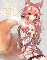 Rule 34 | 10s, 1girl, animal ears, blush, chocoan, copyright name, fate/extra, fate/extra ccc, fate/grand order, fate (series), fox ears, fox tail, hood, hoodie, long hair, low twintails, official alternate costume, open mouth, orange hair, pink hair, solo, striped clothes, striped hoodie, tail, tamamo (fate), tamamo no mae (fate/extra), tamamo no mae (spring casual) (fate), tea, twintails, yellow eyes
