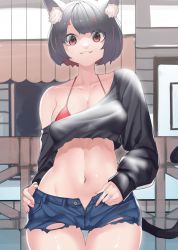 Rule 34 | 1girl, :3, animal ear fluff, animal ears, azur lane, belt, bikini, bikini under clothes, black hair, black shorts, blue shorts, blunt bangs, breasts, cat ears, cat girl, cat tail, cleavage, closed mouth, collarbone, commentary request, cowboy shot, denim, denim shorts, fangs, fangs out, groin, hands on own hips, large breasts, long sleeves, looking at viewer, midriff, navel, official alternate costume, ootani nonno, open fly, partial commentary, red bikini, red eyes, shirt, short hair, shorts, sidelocks, single bare shoulder, skindentation, smile, solo, standing, swimsuit, tail, thigh gap, torn clothes, torn shirt, torn shorts, white belt, yamashiro (azur lane), yamashiro (vacation offensive!) (azur lane)