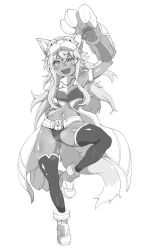 Rule 34 | 1girl, :d, animal ears, boots, copyright request, dark-skinned female, dark skin, full body, greyscale, hand up, long hair, looking at viewer, midriff, monochrome, navel, open mouth, panties, simple background, smile, solo, standing, standing on one leg, thighhighs, underwear, white background, yozo (stanky)
