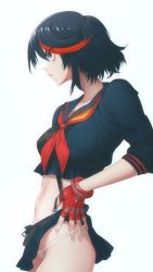 Rule 34 | from side, gloves, highres, k19, kill la kill, matoi ryuuko, panties, simple background, skirt, striped clothes, striped panties, underwear, white background