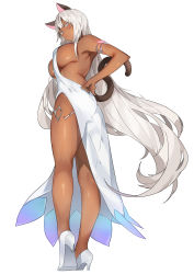 Rule 34 | 1girl, absurdres, animal ears, aqua eyes, armlet, ass, blush, breasts, cat ears, cat tail, character request, commission, dark-skinned female, dark skin, dress, dungeon and fighter, gogoco, hand on own hip, high heels, highres, large breasts, long hair, looking at viewer, looking back, revealing clothes, sideboob, simple background, solo, tail, very long hair, white background, white dress, white hair