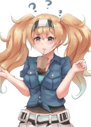 Rule 34 | 1girl, ?, black shirt, blonde hair, blue eyes, blue shirt, breast pocket, breasts, bubble tea challenge, collared shirt, gambier bay (kancolle), hairband, k jie, kantai collection, large breasts, pocket, shirt, simple background, solo, twintails, undershirt, white background