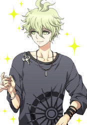 Rule 34 | 1boy, 1other, amami rantaro, antenna hair, bracelet, danganronpa (series), danganronpa v3: killing harmony, dosugon, green eyes, green hair, hair between eyes, holding hands, jewelry, long sleeves, male focus, necklace, short hair, simple background, smile, solo focus, sparkle, upper body, white background
