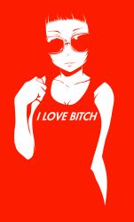 Rule 34 | 1girl, absurdres, blunt bangs, breasts, cleavage, clothes writing, collarbone, english text, highres, large breasts, minimalism, monochrome, original, parted lips, profanity, red theme, solo, sunglasses, tanashi (mk2)