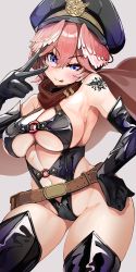 Rule 34 | 1girl, :d, ass, belt, black gloves, blue eyes, breasts, cameltoe, cape, closed mouth, collarbone, cowboy shot, elbow gloves, gloves, grey background, hat, head wings, highres, hololive, huge ass, kajimakoto, large breasts, legs, looking at viewer, narrow waist, one-piece swimsuit, open mouth, pink hair, revealing clothes, simple background, smile, solo, standing, swimsuit, takane lui, tattoo, thick thighs, thighs, tongue, tongue out, virtual youtuber, wings