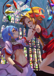 Rule 34 | 2girls, alternate costume, holding another&#039;s arm, arm ribbon, bat wings, black gloves, blonde hair, cross, fang, female focus, flandre scarlet, gloves, hair ribbon, indoors, layered skirt, light particles, light purple hair, light rays, looking at another, midriff, multiple girls, navel, no headwear, no headwear, open mouth, red eyes, remilia scarlet, ribbon, short hair, siblings, side ponytail, sisters, skirt, smile, stained glass, sunbeam, sunlight, tattoo, touhou, window, wings, yoo (tabi no shiori)