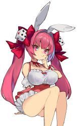 Rule 34 | 1girl, animal ears, blush, bow, breasts, choker, cleavage, di gi charat, dice hair ornament, dress, finger to cheek, hair bow, hair ornament, invisible chair, large breasts, long hair, nonco, pink eyes, pink hair, rabbit ears, red bow, red choker, ribbon choker, simple background, sitting, smile, solo, usada hikaru, white background