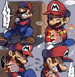 Rule 34 | ..., 1boy, blue overalls, boots, brown footwear, brown hair, burning, clenched teeth, closed eyes, crate, facial hair, fire, gloves, hand on own shoulder, hat, highres, male focus, mari luijiroh, mario, mario &amp; luigi rpg, mario (series), masanori sato (style), multiple views, mustache, nintendo, one eye closed, overalls, pain, red headwear, short hair, sitting, speech bubble, teeth, white gloves