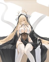 Rule 34 | 1girl, absurdres, arm rest, azur lane, bare shoulders, between breasts, black dress, black gloves, blonde hair, blush, breast curtains, breasts, cleavage, clothing cutout, collarbone, covered navel, detached collar, detached sleeves, dress, fake horns, feet out of frame, gloves, groin, habit, hair between eyes, half gloves, halo, halterneck, highleg, highleg dress, highres, horns, implacable (azur lane), knees together feet apart, large breasts, long hair, long sleeves, looking at viewer, lump saury, navel, necktie, necktie between breasts, nun, parted lips, pelvic curtain, red eyes, sidelocks, simple background, sitting, skindentation, smile, thighhighs, thighs, veil, very long hair, white background, white thighhighs, wide sleeves