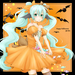 Rule 34 | 1girl, aqua hair, artist name, bad id, bad pixiv id, bat (animal), bat wings, candy, choker, dress, food, green eyes, halloween, happy halloween, hatsune miku, head wings, highres, long hair, looking at viewer, ruka0811r, solo, striped clothes, striped thighhighs, thighhighs, twintails, very long hair, vocaloid, wings