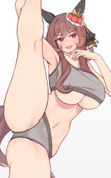 Rule 34 | 1girl, absurdres, alternate costume, animal ears, armpits, bare legs, bare shoulders, braided hair rings, breasts, brown hair, cleavage, commentary request, cowboy shot, gentildonna (umamusume), grey sports bra, groin, highres, himuraanzu, holding own leg, horse ears, horse girl, horse tail, large breasts, long hair, looking at viewer, navel, simple background, smile, solo, split, sports bra, standing, standing on one leg, standing split, tail, textless version, umamusume, white background