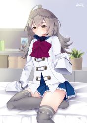 Rule 34 | 1girl, ahoge, animal print, artist name, assault lily, asymmetrical legwear, bed, blue skirt, blush, book, bow, bowtie, box, closed mouth, commentary request, foot out of frame, frilled skirt, frills, grey hair, grey thighhighs, hair between eyes, hand up, herensuge girls academy school uniform, high collar, highres, indoors, jacket, long hair, long sleeves, looking at viewer, miniskirt, on bed, oversized clothes, photo (object), pink bow, pink bowtie, plant, potted plant, print thighhighs, rabbit print, sasaki ran, school uniform, shelf, signature, sitting, skirt, sleeves past fingers, sleeves past wrists, smile, solo, thighhighs, tsuyutsuwa, uneven legwear, white jacket, yellow eyes, zettai ryouiki