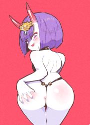 Rule 34 | 1girl, anus, ass, ass focus, ass grab, back, bare shoulders, bob cut, come hither, demon girl, fate/grand order, fate (series), from behind, grabbing own ass, horns, inkerton-kun, leaning, leaning forward, looking at viewer, looking back, naughty face, o-ring, o-ring swimsuit, oni, open mouth, purple hair, red eyes, short hair, shuten douji (fate), skin-covered horns, smile, solo, swimsuit, thong
