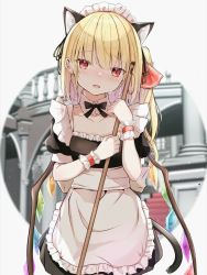 Rule 34 | 1girl, alternate costume, animal ear fluff, animal ears, apron, arch, black dress, black ribbon, blonde hair, blush, breasts, broom, cat ears, cat tail, collarbone, commentary request, cowboy shot, detached collar, dress, enmaided, flandre scarlet, grey background, hair ribbon, head tilt, highres, holding, holding broom, indoors, iyo (ya na kanji), kemonomimi mode, light particles, looking at viewer, maid, maid headdress, neck ribbon, one side up, parted lips, puffy short sleeves, puffy sleeves, red eyes, ribbon, short hair, short sleeves, slit pupils, small breasts, solo, stairs, standing, tail, touhou, waist apron, wings, wrist cuffs