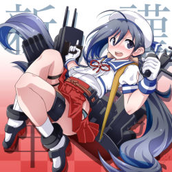 Rule 34 | 1girl, 547th sy, adapted turret, ahoge, text background, blue hair, blue sailor collar, cannon, checkered background, commentary request, cosplay, full body, gloves, gradient background, grey eyes, grey hair, grey panties, hair between eyes, hair bun, hat, highres, hip vent, kantai collection, kiyoshimo (kancolle), long hair, low twintails, machinery, mikura (kancolle), mikura (kancolle) (cosplay), panties, pleated skirt, puffy short sleeves, puffy sleeves, red skirt, sailor collar, sailor hat, sailor shirt, shirt, short sleeves, single hair bun, skirt, solo, turret, twintails, undershirt, underwear, white gloves, white legwear, white shirt
