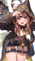 1girl :d absurdres arknights arm_up black_jacket black_shorts blue_eyes brown_hair brown_ribbon cowboy_shot fang flower glint gold head_chain highres hood hood_up hooded_jacket infection_monitor_(arknights) jacket jewelry kokukyukeo leaning leaning_forward long_hair long_sleeves looking_at_viewer neck_ribbon o-ring o-ring_thigh_strap open_clothes open_jacket open_mouth pepe_(arknights) ribbon short_shorts shorts skin_fang smile solo standing thigh_strap white_flower