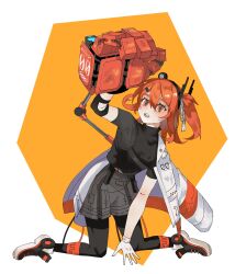 Rule 34 | 1girl, a.i. voice, absurdres, adachi rei, arm up, black footwear, black leggings, black shirt, computer chip, elbow pads, full body, gloves, grey shorts, hair between eyes, hair ornament, hair ribbon, hairclip, hashtag-only commentary, headlamp, highres, jacket, jacket on shoulders, kneeling, leggings, leggings under shorts, looking at viewer, mechanical hands, medium hair, one side up, open mouth, orange eyes, orange hair, outside border, pleated shorts, radio antenna, ribbon, senri (hrydy o), shirt, shoes, short sleeves, shorts, single mechanical hand, solo, turtleneck, utau, white background, white gloves, white jacket, white ribbon, yellow background