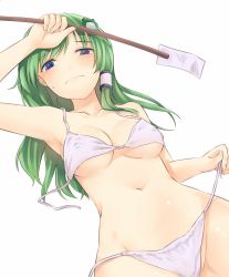 Rule 34 | 1girl, armpits, bare arms, bare shoulders, bikini, blue eyes, blush, bra, breasts, collarbone, commentary request, covered erect nipples, cowboy shot, frog hair ornament, frown, green hair, groin, hair ornament, hair tubes, holding, kochiya sanae, long hair, looking at viewer, medium breasts, miyo (ranthath), navel, open bra, panties, side-tie panties, simple background, single sidelock, solo, standing, stomach, swimsuit, touhou, underboob, underwear, underwear only, untied bikini, untied panties, white background, white bra, white panties