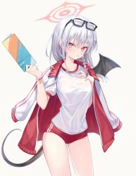 Rule 34 | 1girl, bat wings, blue archive, glasses on head, hand on own chest, highres, pink eyes, rangtori, school uniform, solo, tail, white hair, wings