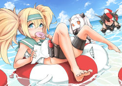 Rule 34 | (o) (o), aged down, bare legs, black hair, blonde hair, bottomless, cloud, cloudy sky, collar, colored skin, commentary request, criss-cross halter, day, doughnut, dress, enemy lifebuoy (kancolle), closed eyes, fingerless gloves, food, gambier bay (kancolle), gloves, green headband, green sailor collar, hair between eyes, hairband, halterneck, headband, headgear, highres, horns, kantai collection, long hair, map, mittens, multiple girls, nagato (kancolle), no panties, northern ocean princess, ocean, open mouth, orange eyes, pale skin, sailor collar, sky, thigh strap, twintails, white dress, white hair, white skin, zuoteng lucha