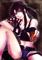 Rule 34 | 1girl, :q, alcohol, bare legs, bare shoulders, belt, black lagoon, brown eyes, brown hair, collarbone, cutoffs, denim, denim shorts, fingerless gloves, foreshortening, gloves, highres, long hair, looking at viewer, midriff, moriririnn, navel, outstretched arm, ponytail, revy (black lagoon), shorts, sidelocks, sitting, solo, tank top, tattoo, tongue, tongue out, unbuttoned, whiskey