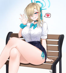 Rule 34 | 1girl, 82jhin, absurdres, aqua necktie, asuna (blue archive), bare legs, blue archive, blue eyes, breasts, collared shirt, crossed legs, hair over one eye, hair ribbon, halo, highres, korean commentary, large breasts, light brown hair, necktie, on bench, panties, ribbon, scrunchie, shirt, side-tie panties, side-tie peek, sitting, two-tone background, underwear, uniform, white shirt, wrist scrunchie