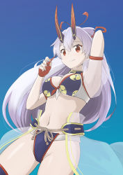 Rule 34 | 1girl, absurdres, bikini, blue background, breasts, cleavage, fate/grand order, fate (series), fingerless gloves, front-tie bikini top, front-tie top, gloves, hair between eyes, hair ribbon, highres, horns, long hair, looking at viewer, medium breasts, midriff, mitsudomoe (shape), navel, norn0505, oni horns, ponytail, purple bikini, red eyes, red gloves, red horns, red ribbon, ribbon, see-through, short sleeves, silver hair, smile, solo, swimsuit, thighhighs, thighs, tomoe (symbol), tomoe gozen (fate), tomoe gozen (swimsuit saber) (fate), tomoe gozen (swimsuit saber) (third ascension) (fate), waist cape