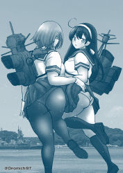Rule 34 | 2girls, absurdres, ass, blue theme, breasts, commentary request, dress, feet out of frame, hairband, hamakaze (kancolle), highres, kantai collection, large breasts, long hair, machinery, monochrome, multiple girls, onomichi (528959), panties, panties under pantyhose, pantyhose, pleated dress, school uniform, serafuku, short hair, thick thighs, thighs, twitter username, underwear, ushio (kancolle), ushio kai ni (kancolle)