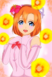 Rule 34 | 1girl, absurdres, artist name, artist request, bare shoulders, blue eyes, blush, bokutachi wa hitotsu no hikari, bow, breasts, clover earrings, collarbone, detached sleeves, dress, elbow gloves, elbow sleeves, female focus, flower, frilled dress, frills, gloves, hair between eyes, hair bow, hair flower, hair ornament, hairband, highres, kosaka honoka, looking at viewer, love live!, love live! school idol project, orange hair, pink flower, ribbon, side ponytail, small breasts, smile, solo, thighhighs, white detached collar, white dress, white gloves, white hairband, yuki nozomi (pixiv20283515), zettai ryouiki