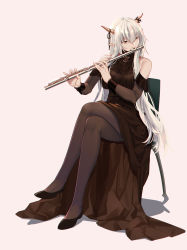 Rule 34 | 1girl, absurdres, ambience synesthesia, arknights, black dress, black footwear, black pantyhose, chair, commentary, crossed legs, dress, flute, grey background, highres, holding, holding instrument, horns, instrument, long hair, music, official alternate costume, pantyhose, playing instrument, pointy ears, shijie jianfa, shining (arknights), shoes, silver hair, simple background, solo, very long hair