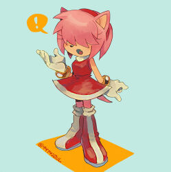 Rule 34 | !, 1girl, 9474s0ul, alternate hairstyle, amy rose, animal ears, animal nose, blue background, boots, bracelet, commentary, dress, english commentary, fang, full body, furry, furry female, gloves, hair over eyes, highres, jewelry, open mouth, pink hair, red dress, red footwear, simple background, solo, sonic (series), spoken exclamation mark, standing, tail, white gloves